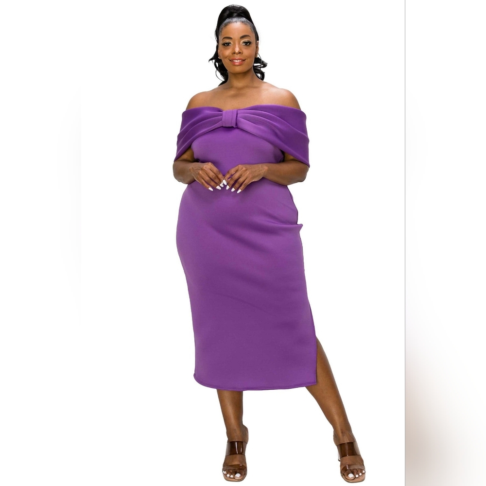 NEW NWOT Zariah Ribbon Detail Neoprene Midi Elegant Off-Shoulder Dress Sx 3XL